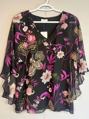 NWT Laura Petites Floral Chiffon Blouse Black Pink Flutter Sleeve Top Size S